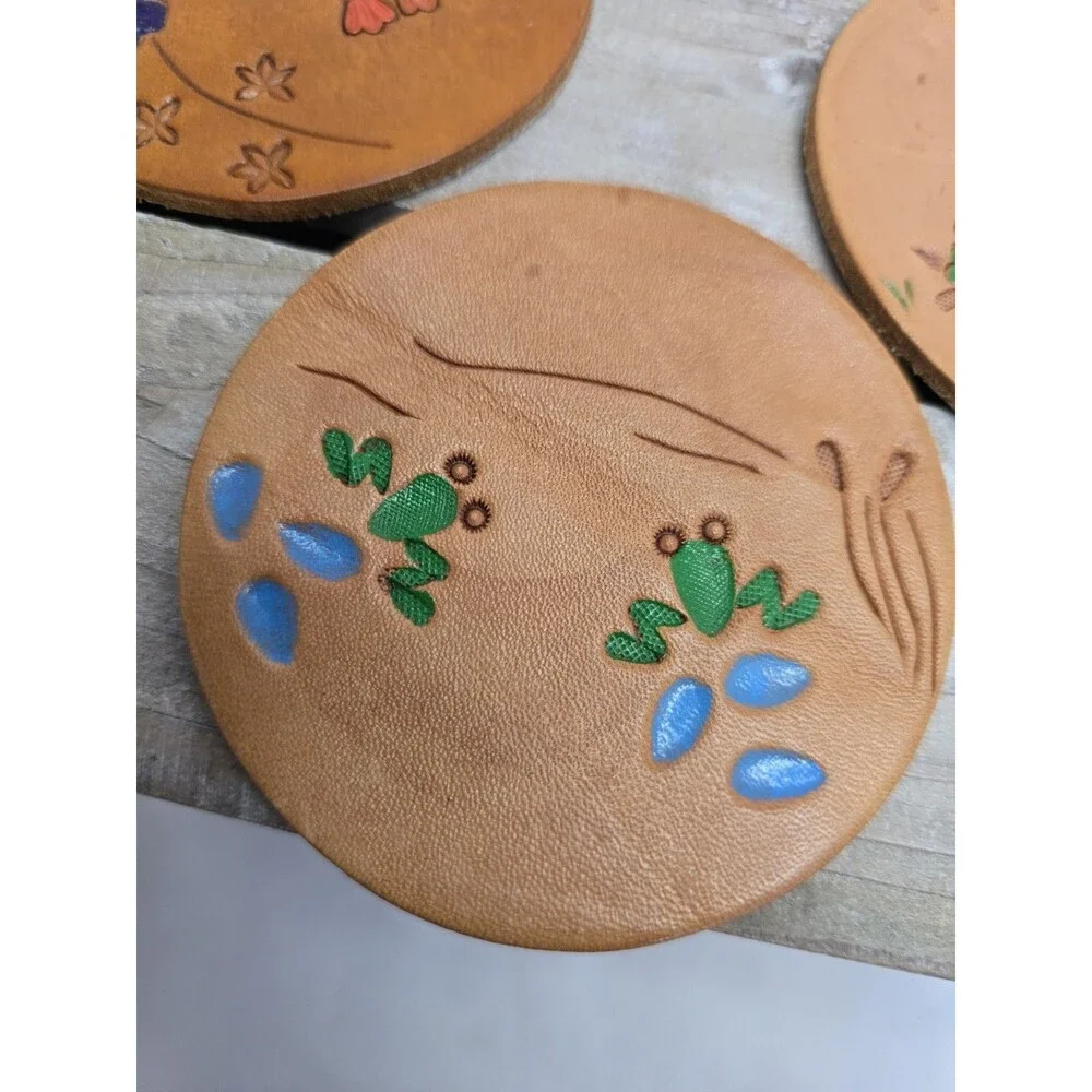 Vintage Tooled Leather Coasters Set of 4 Hand Painted Bee Frog Butterfly Bird